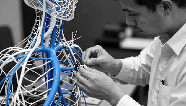 Network Technician Connecting Fiber Optic Cables to Structured Cabling Rack