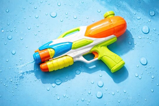 Colorful water gun on blue
