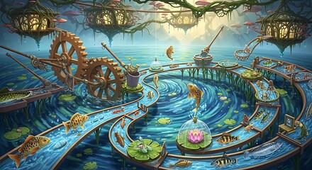 Obraz premium Fantasy steampunk fish farm with mechanical gears and water channels