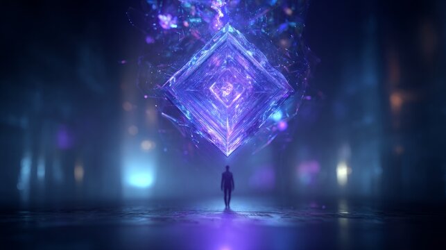 Glowing violet electric blue floating ancient relic in dark hall with human silhouette and misty light, mysterious fantasy scene