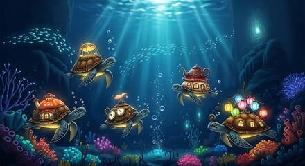 Whimsical sea turtles with miniature houses swimming underwater © Ahmad