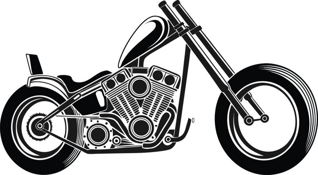 Vector motorcycle illustration, black and white, chopper bike design, motorcycle engine