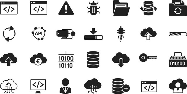 Software Programming and Cloud Computing Data Network Icon Set with Website Coding, API Systems, Database Racks, and Cyber Bug Warning Symbols for Tech Layouts
