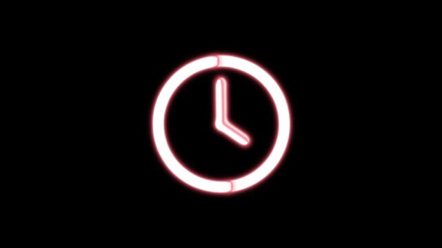 Animated neon clock icon displays time passing with glowing pink outline on black