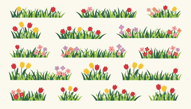 Collection of different grass patches and colorful spring flowers including tulips and daisies for landscape garden design.