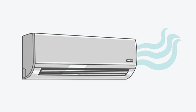 White modern air conditioner unit mounted on a wall and blowing cool blue waves of air to provide a comfortable indoor temperature.