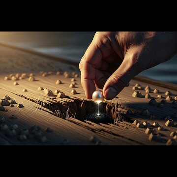 Hand placing a glowing sphere into weathered wood with barnacles