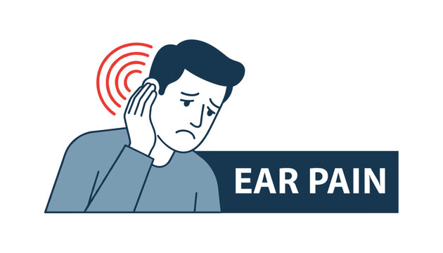 Illustration of a man holding his ear in distress with red sound waves indicating ear pain or tinnitus on a white and dark blue background.