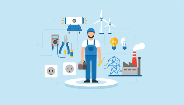 Professional electrician character standing in the center surrounded by various energy industry and repair tool icons on light blue backdrop.