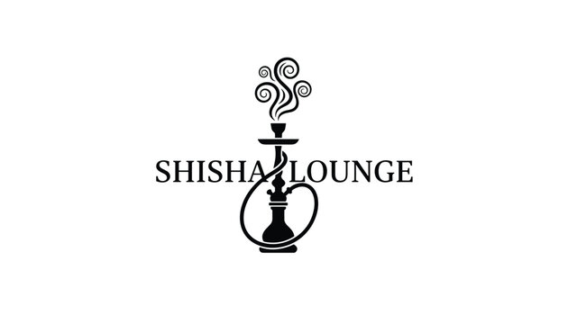 Artistic black and white logo for a shisha lounge features a traditional hookah pipe with elegant swirls of smoke above the bold text.