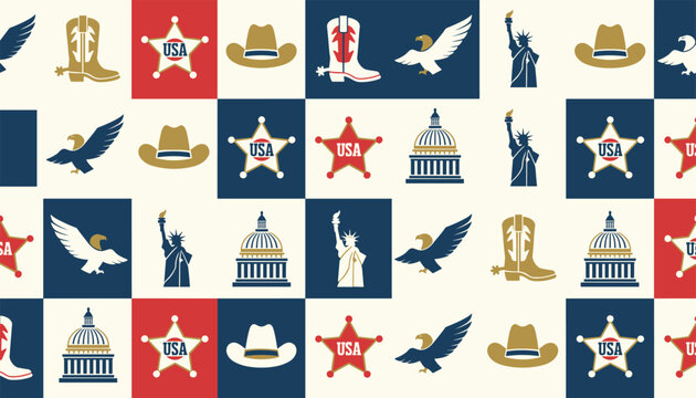 Seamless pattern of patriotic American symbols includes the Capitol building, eagles, cowboy hats, boots, and stars with US text.