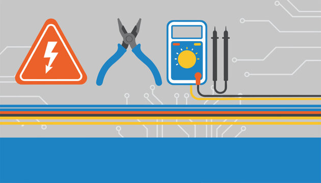 Professional electrical equipment featuring a digital multimeter and pliers next to a high voltage warning sign on a technical background.