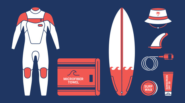 Wetsuit and microfiber towel vector illustration for watersports activities