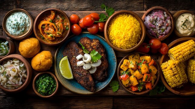 Assorted Colombian Caribbean and Central American food on wooden table with colorful ingredients, clean composition, authentic cultural cuisine concept.
