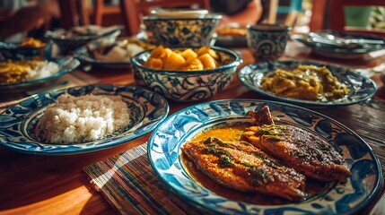 Fototapeta premium Homemade Colombian Caribbean meal served on ceramic plates in natural daylight, warm family dining atmosphere, authentic regional cuisine and comfort food concept.