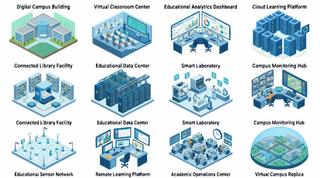 Collection of Isometric Digital Campus and Education Technology Illustrations.
