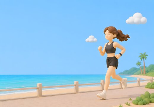 해변 산책로를 달리는 여성 러너 3D 클레이 일러스트 Generating AI