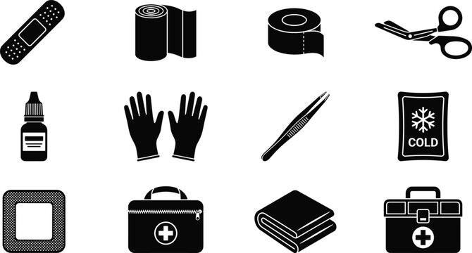 First Aid and Medical Supplies Icons Collection Keywords: medical, health, first aid, bandage, gauze, tape, scissors, dropper, gloves, tweezers, cold pack, medical kit