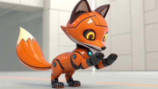 Robotic fox character with articulated tail moving in bright clean studio setting