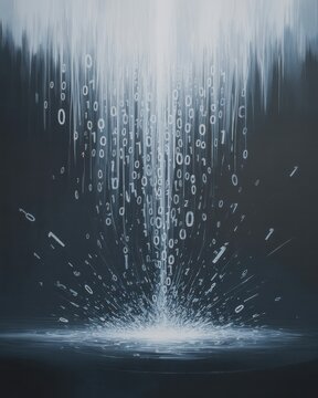 Abstract data waterfall with binary code stream falling into digital splash futuristic technology background concept