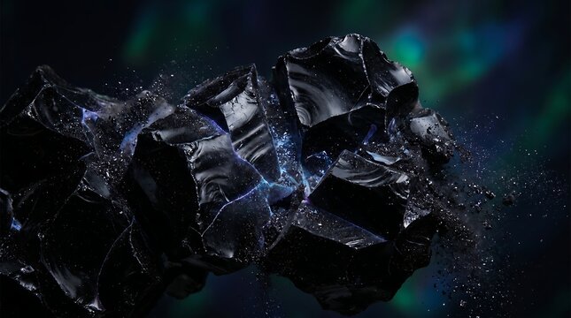 Close-up shot of dark, shattered glass with blue lightning cracks against a vibrant, green and blue aurora background.