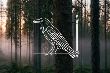 Obraz premium A mystical northern forest shrouded in mist with tall trees and a raven illustration, creating an enchanting atmosphere