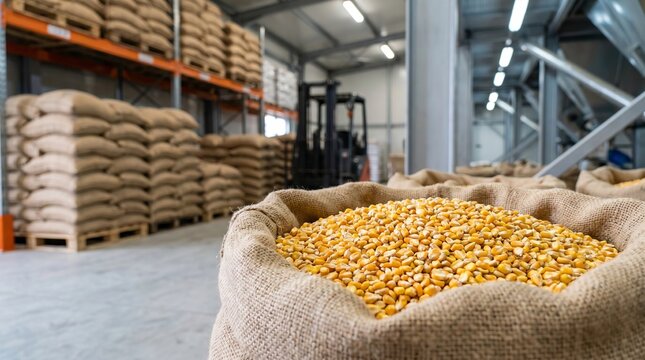 Golden yellow corn kernels in grain storage facility, agricultural commodity handling, food supply chain and harvest concept