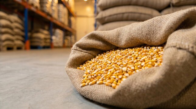 Golden yellow corn kernels in grain storage facility, agricultural commodity handling, food supply chain and harvest concept