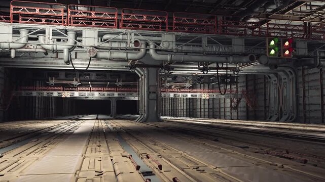 Empty industrial hangar with exposed pipes, concrete floor and metal tracks leading toward distant loading bay, overhead red conduits and harsh spotlighting