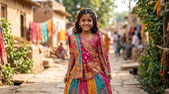 Smiling South Asian girl in traditional lehenga choli in village street
