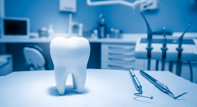 Dental health concept realistic tooth model with instruments in modern clinic setting blue tone