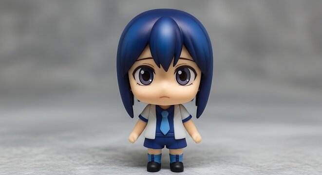 Blue robot girl with big eyes on skateboard.