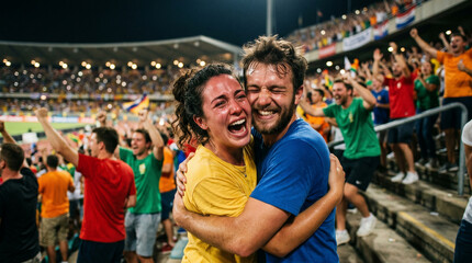Naklejka premium Ecstatic sports fans hugging and celebrating victory in a crowded stadium at night