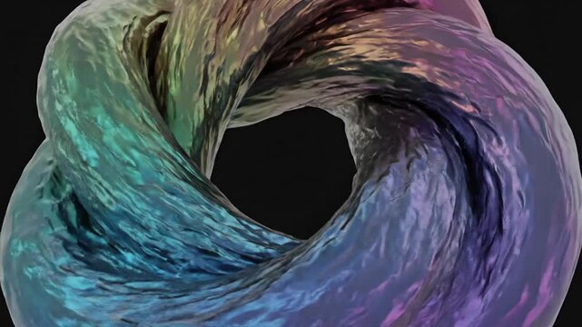 Iridescent knotted 3D abstract shape on black background