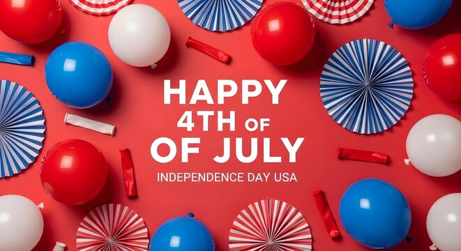 Festive fourth of july flatlay with balloons and paper fans for patriotic celebrations
