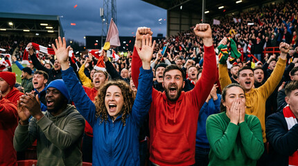 Fototapeta premium Diverse and enthusiastic sports fans passionately cheering with raised hands in a vibrant stadium, celebrating an exhilarating moment with collective joy and excitement during a live event