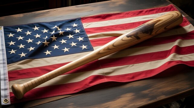 American flag with baseball bat on wooden table