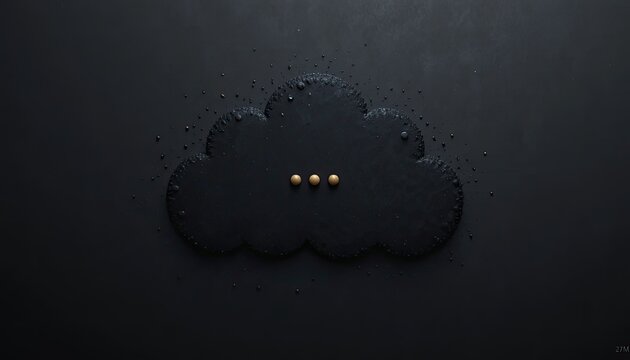 A dark cloud shape made of sand or powder with three small brown seeds on a dark gray background with water droplets scattered around