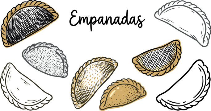 Empanadas Vector Sketch Set with Hand Drawn Traditional Latin American Pastries, Spanish Turnover Food Illustrations, and Cursive Lettering