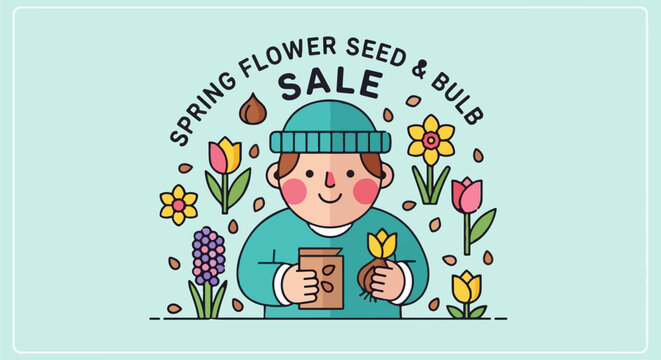 Spring flower seed and bulb sale banner with floral pattern