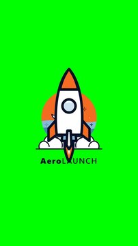 Cartoon rocket launching into space with smoke trail on a solid green background