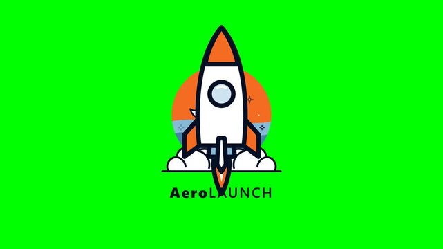 Cartoon rocket launch animation with smoke trail and orange planet on green background