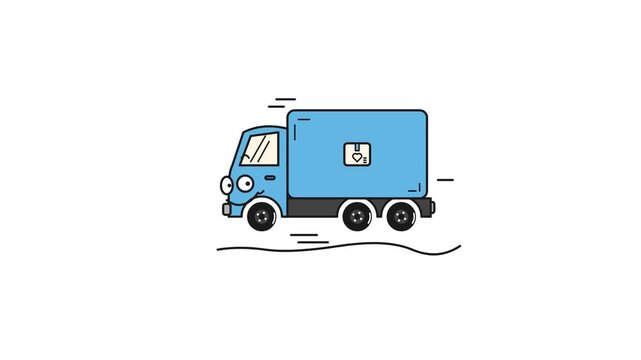 Blue cartoon delivery truck driving forward with motion lines on white background