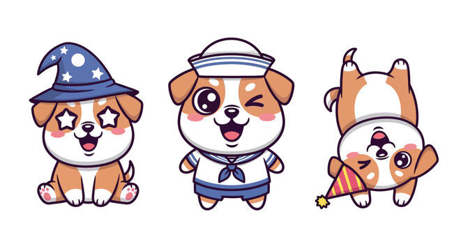Cute Cartoon Puppies in Different Costumes and Poses.