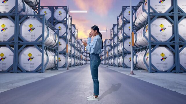 Full Body Side View Of Asian Female With Her Phone at Industrial Chemical Tank Container Storage Facility, She Raises Her Fist Up With Screaming Goal