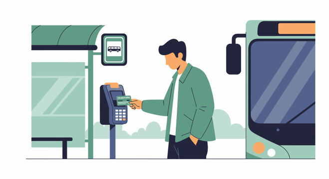Man paying bus fare with card at station, public transport concept
