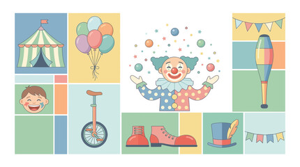 A colorful collection of circus themed illustrations featuring a clown and performance equipment. © Arsya_Ardiansyah