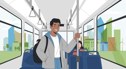 Fototapeta premium Young man smiling inside a public bus, urban commute, sustainability concept.