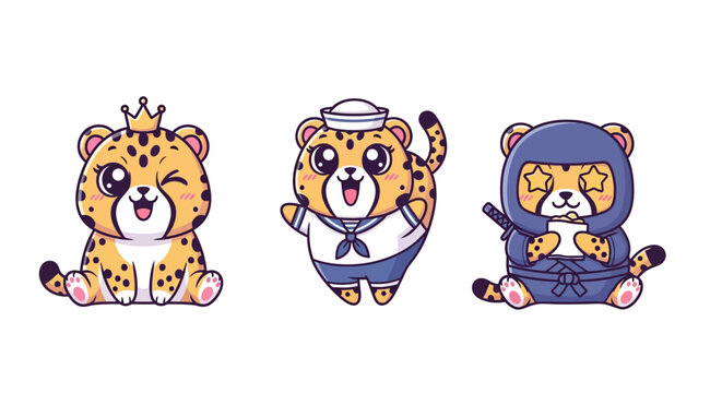 Cute cartoon leopard characters in different costumes.