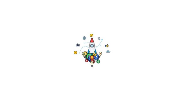 Colorful geometric rocket ship launching through space with abstract planets and stars illustration